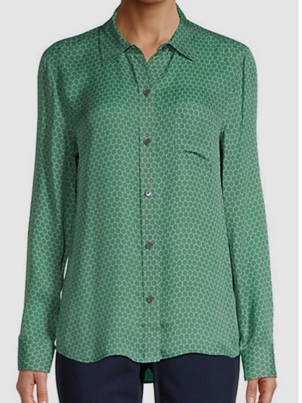 Equipment Brett 💯 Silk Shirt Green Hexagon Button-Up Blouse Sz XS Small Flaw NWT